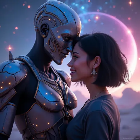 Ultra-realistic 8k image of Ashtar Sheran, a galactic being, taking a selfie with a woman who has short black hair. Ashtar is wearing futuristic armor, with glowing elements, and a majestic, otherworldly presence. The woman is dressed in a modern, casual o...