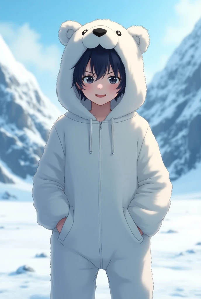 An anime-style boy wearing a top quality , (masterpiece:1.2),    Details,   perfect face,   facial beauty ,   May,  {{One boy , Black Hair, Alone, 、   open your mouth ,  Dark Eyes,    snowy mountains 、smile、 polar bear costume