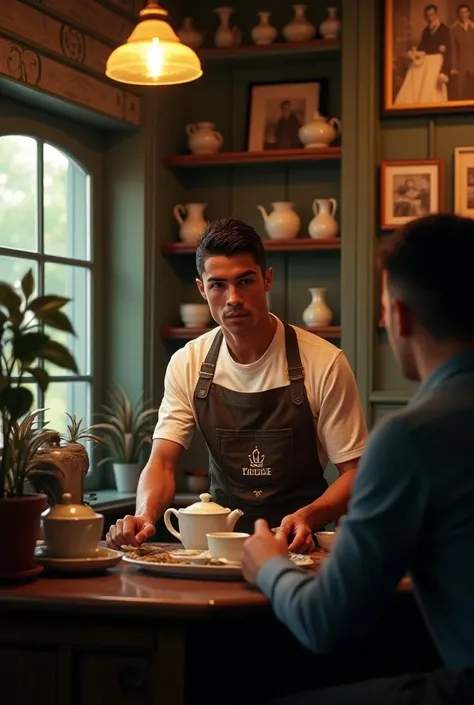 Create a hyper-realistic image of Ronaldo wearing his teams football jersey and a classic, vintage- style Ronaldos Tea Shop, serving tea to a customer with his own hands. Ronando is salty, and he is looking at his customer. The decor and the cozy atmospher...