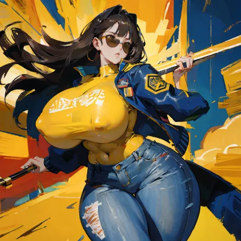 masterpiece, Best Quality, , 4K,   detailed anatomy  ,  female 1 person、Adult female、 very big breasts 、 wide hips、  semi-long、 wavy hair in front of the station、 large sunglasses、 naked skin flight jacket 、  damage jeans、Jump、  Four color yellow color ,  ...