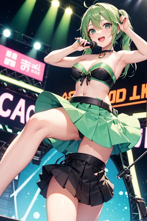 Vocaloid, k pop star, adorable beautiful woman, long vocaloid ears, pleated skirt, pop star dancing, on stage, green hair, strapless tube top, beach concert