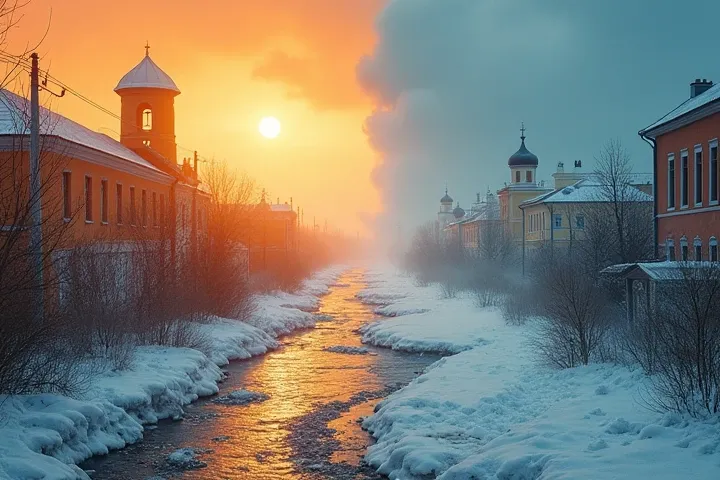 Create an image,  that clearly conveys the impact global warming to Russia ,  showing  экстремальные погодные условия и контраст температур. , depict an unusual combination of elements :  dry land or hot asphalt next to heavy snowfalls and puddles from rai...