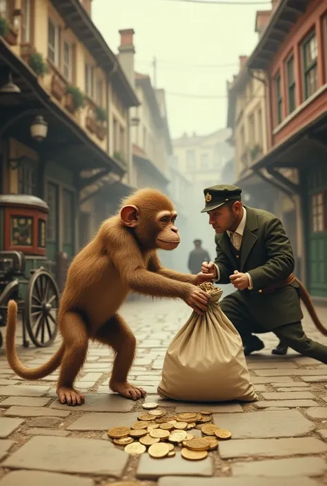 Monkey picking up the money bag while the milkman is distracted.