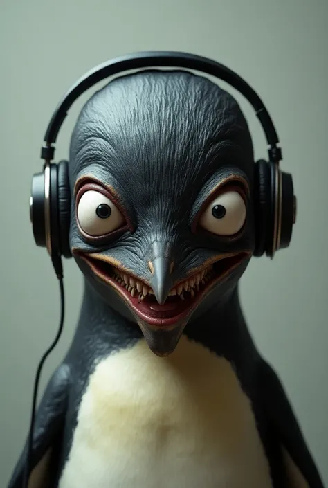 Face of a penguin with the face of a madman with headphones