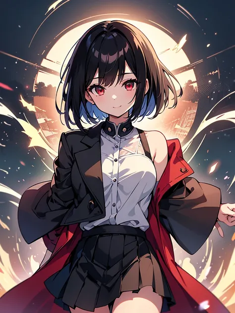 masterpiece, highest quality, highest quality, (no text), Beautiful and aesthetic:1.2),no text,anime、break,anime、break、 one girl、 Dark Haired Girl Short Hair 　 Slit Eyes Boyish 　adult　 beautiful eyes　red eyes, cool smile　Shoulder　skirt　 Black jacket, whole...