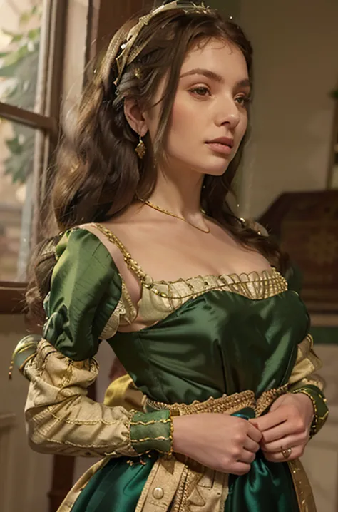 tudor style green silk gown with a rounded neckline embroidered in gold, and multipuffed sleeves striped with gold embroidery, a...