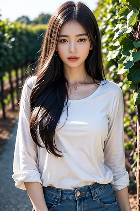  Masterpieces :, Realistic photography, high definition  , 1Girl looking at camera , (Detailed face), Long straight hair,( White shirt, Jeans ,)The background is a vineyard