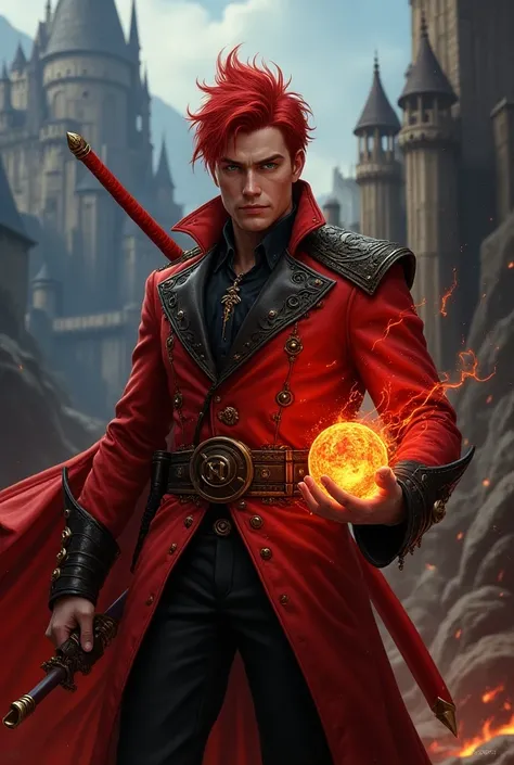 Create magic the gathering style a red-haired man with a tuft with blue eyes wearing a red steampunk jacket with black ornaments with a red volcanic sword on his back with a sphere of pulsating volcanic lava energy in his hand in a castle on a mountain 