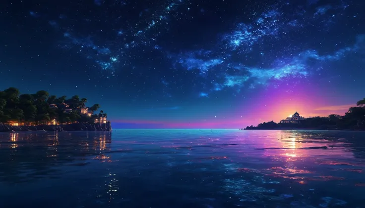  The moon and many stars shine at night and the sea merge，Fine Portrayal，beautiful，Glomy， The public area is empty ，Full of details，A sense of grandeur ， colorful ，beautiful sky and clouds，deep， dark blue ， Starlight ，the picture is dark，terrible， impressi...