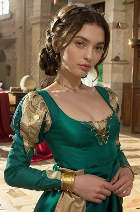 italian renaissance style green silk gown with a rounded neckline embroidered in gold, and multipuffed sleeves striped with gold...