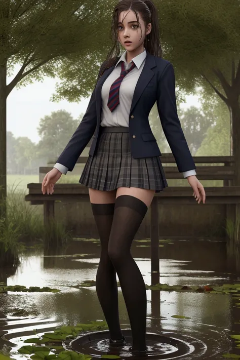 
 Schoolgirl in school uniform , with a skirt, blazer, with a , dark tights ,  with high-heeled shoes. Swimming in a muddy pond ,  The clothes are completely wet , Partially underwater, lies in the water,  wet clothes stick to her body,  clothes wet and di...