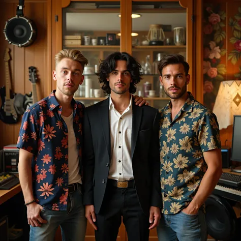 full body photo,  photos of the 3 male members of an American pop band ,  A thin white American man , 20 years old, with medium length , wavy, textured black hair stands in the middle, Hawaiian classy clothes, einer blonder buzzcut,  brown hair , Make grim...