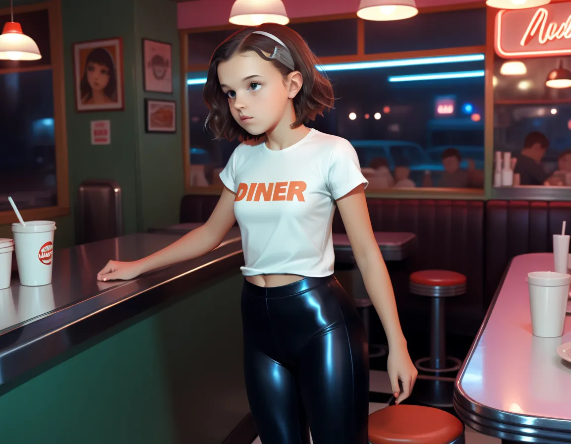 millie bobby brown, , revealing tight plain cotton t-shirt and tight shiny leggings, trainers, standing in a diner at night, (dy...