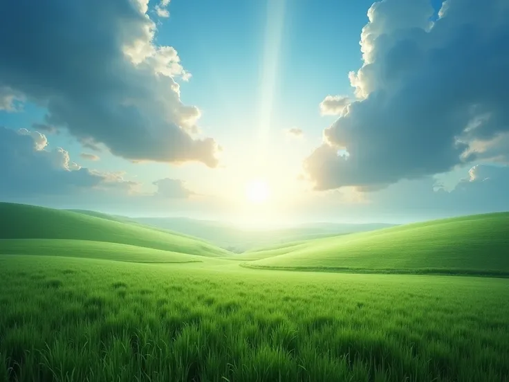 "An ultra-realistic 8K image depicting the seventh day of creation, with a scene of natural serenity: vast green fields, deep blue skies and a sense of divine rest and peace. In the background, a soft, heavenly light, symbolizing Gods blessing and sanctifi...