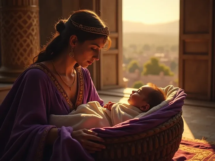 "An ancient palace setting in Macedonia, showing the scene of a young Alexander as a newborn, symbolizing the birth of a future legend. He is cradled in royal surroundings, wrapped in fine, soft cloths with hints of regal purple. The ambiance is mystical a...