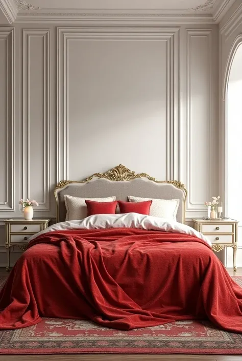 (photorealism:1.2), the interior of an extremely luxurious place with white walls and a huge bed with a red Egyptian thread bedspread. 