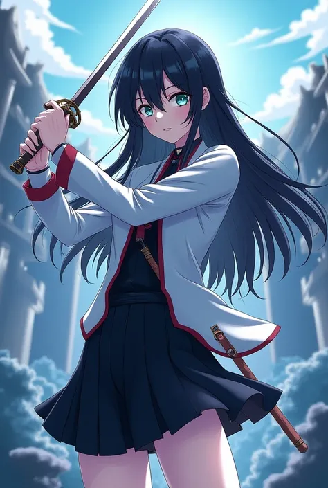 A bleach screencap of a female with long black hair and cute bangs, and blue pastel eyes, her skin tone is a little white and her figure is a little slim and small, shes wearing a soul reaper uniform, holding a sword, shes at the soul society 