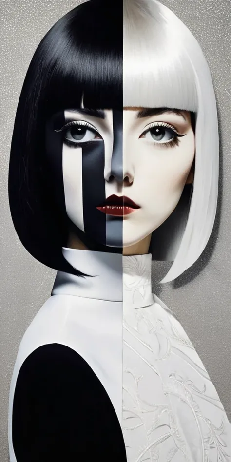 a highly detailed, minimalist, multi-layered collage in the style of dadaist artist Man Ray, featuring an irregularly cropped photograph of a girl with long black hair wearing black clothes, symmetrically mirrored with a girl with short white hair wearing ...