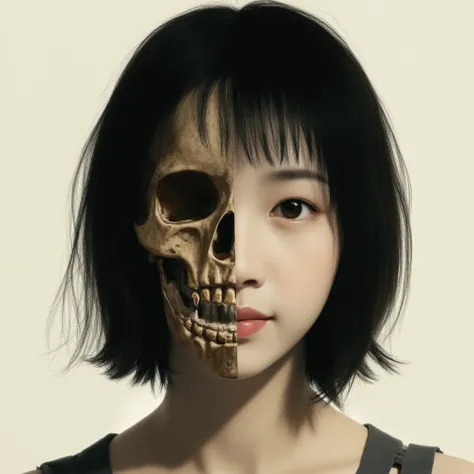 a japanese girl, short black hair, half skull face, realistic