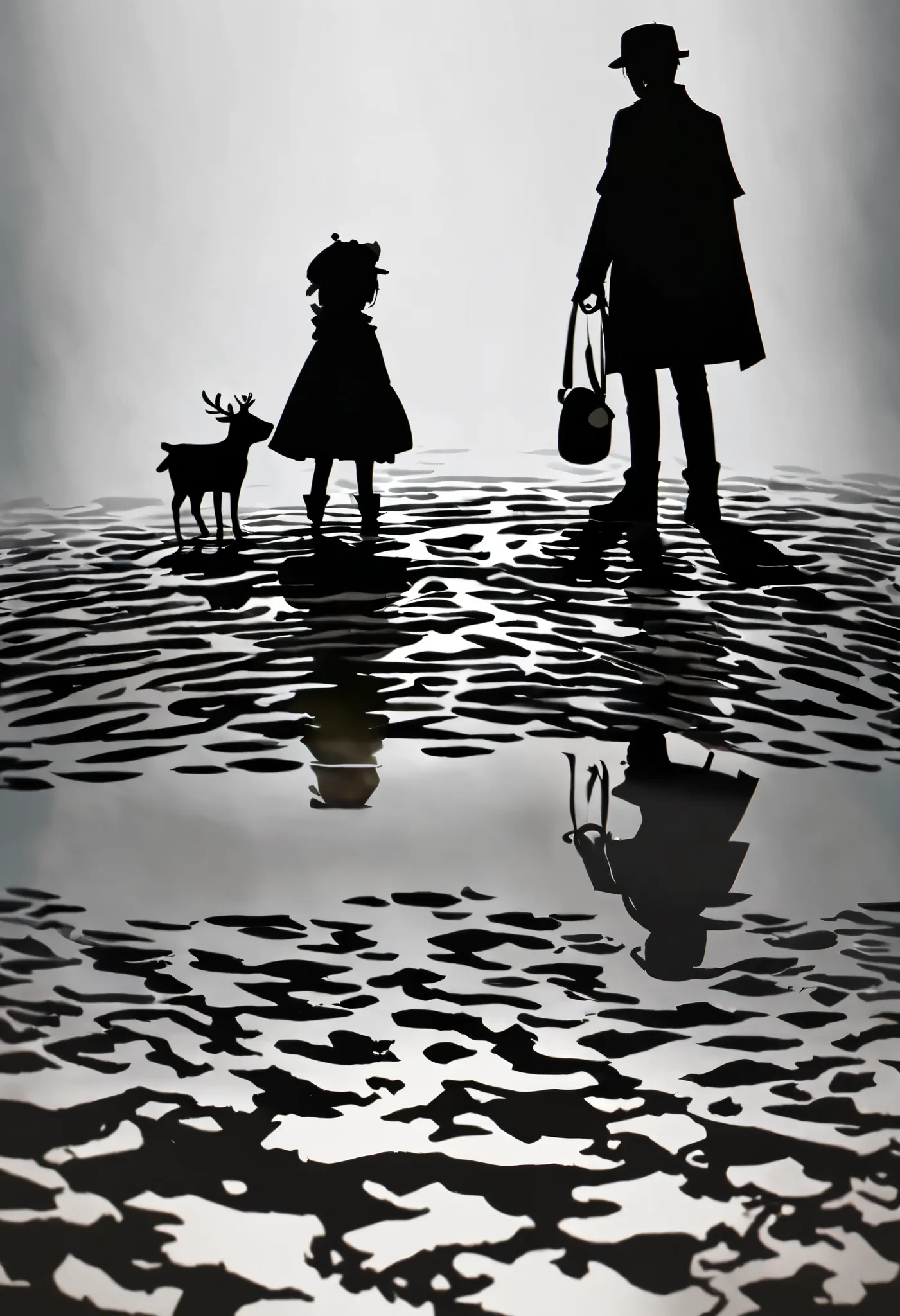 1 toddler，whole body，silhouette， black background，ripples under the feet ， black figures ，holiness， characters take up a small a...