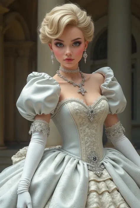 A stunningly beautiful blonde fairytale Princess shining with Royal Pomp and Regal Splendor, wearing a Stately and (((Elaborate))) Royal Cinderella Wedding Dress of Silver and White Brocade, with (((enormous puffed sleeves))) a stiffly boned, padded and co...