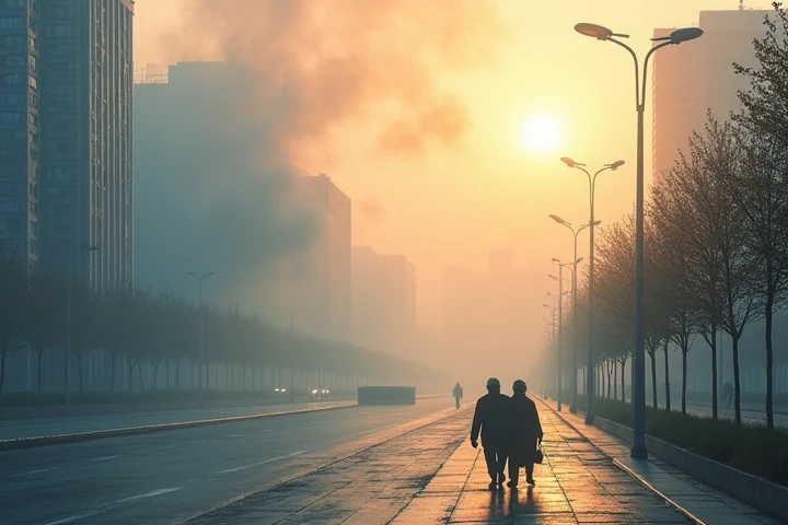 Create an image,  transmitting the impact of global warming on health and quality of life in Russia.  elements Picture a city with thick smog ,  with buildings showing slightly darkened ,  symbolizing polluted air .  Include figures of elderly people and r...