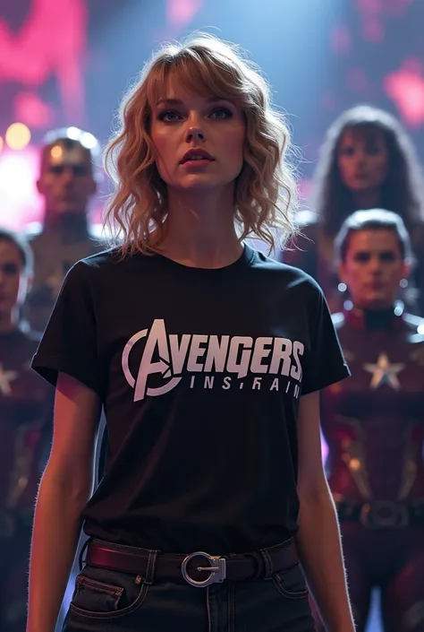 Taylor Swift wearing a black and white t-shirts with the name Corinthians printed on it and singing with The Avengers in the background
