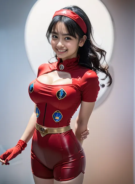 （8k、Raw photography、Best Quality、masterpiece：1.2),(Black Hair、Dark Eyes:1.9),(red plug suit:1.5)、 viewers,Front View,(hero, blue ranger:1.4)、(Tight waist:1.6)、(Clothes that accentuate the shape of the breasts:1.4)、(Big Breasts :1.2)、 Slim Body 、 ultra high...