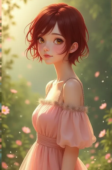 A girl with short, very dark red hair who wears a soft pink dress in the style of,  brown eye 