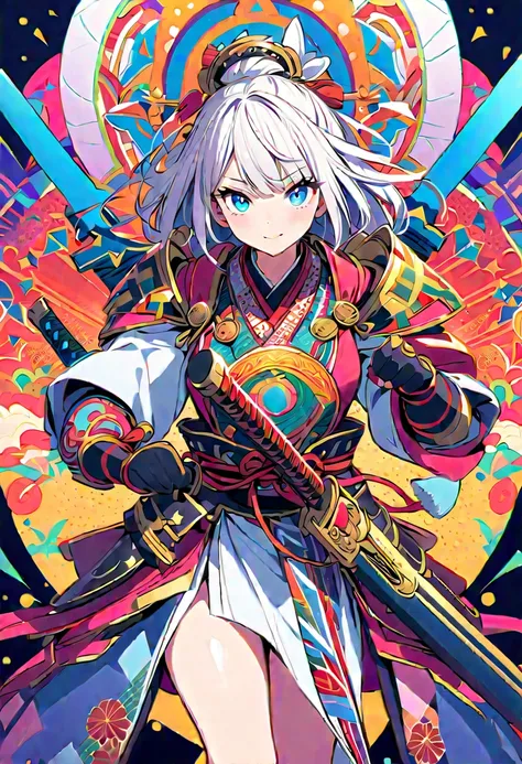 {worst quality, low-quality}, A vibrant and colorful illustration of an anime-style female samurai character with white hair, holding her sword in front of her face. She is wearing traditional Japanese adorned with floral patterns, a backdrop filled with c...