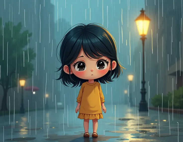 Make a girl under the rain a cartoon
 shes sad