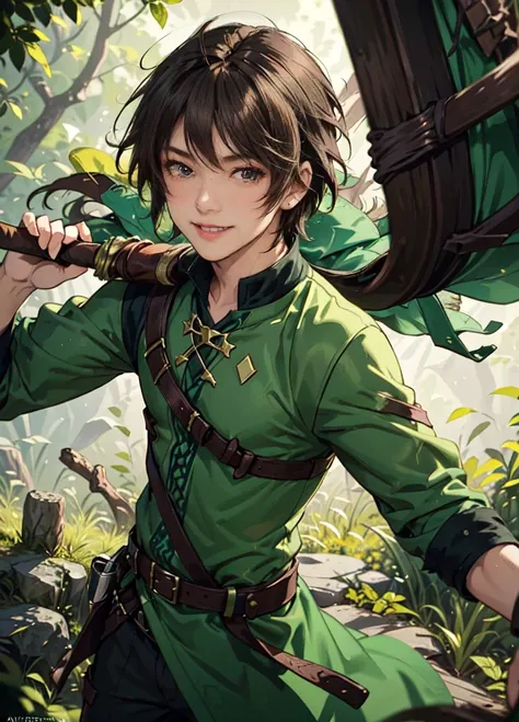 A 20-year-old young man with dark brown hair, always wearing a cheerful smile. He is dressed in green adventurers clothing, perfect for exploration or combat. He holds a bow casually in his hand, ready for action. His relaxed and friendly demeanor contrast...