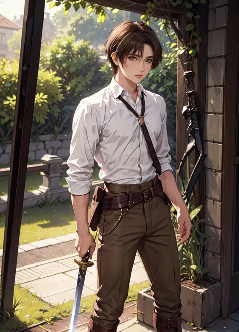 A 20-year-old young man with a noble and knightly demeanor stands confidently. He has brown hair and wears a white shirt, tucked into brown pants. Dark brown boots complete his outfit, and a sword hangs from his waist, the hilt peeking out from his side. H...