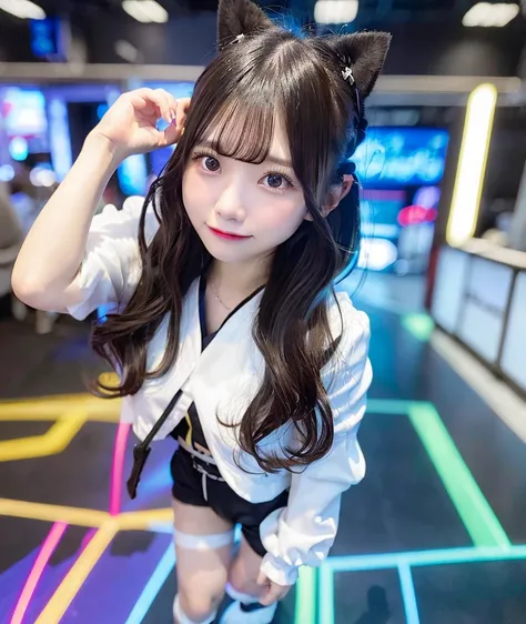 Angle from below, Japanese woman, cute face, long hair, bangs, black hair, bangs, blurred background, blur, background is future disco , chromatic aberration, knee high, looking up, motion blur, Photo_Curly, future robot armor , blue future robot wireless ...