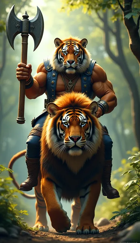 (photorealism:9.16)  Make a close up picture facing the camera of a burly body tiger riding a hybrid lion, wearing trendy clothes ,  hands carrying thor axe ,  against forest background , wide, full body, 4k realistic 