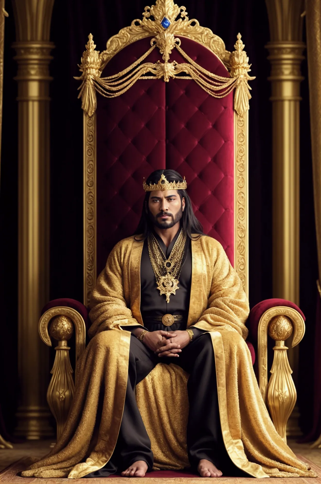 a powerful king sits on a majestic throne of gold and precious stones.  his gaze is calm and confident ,  and his posture inspir...