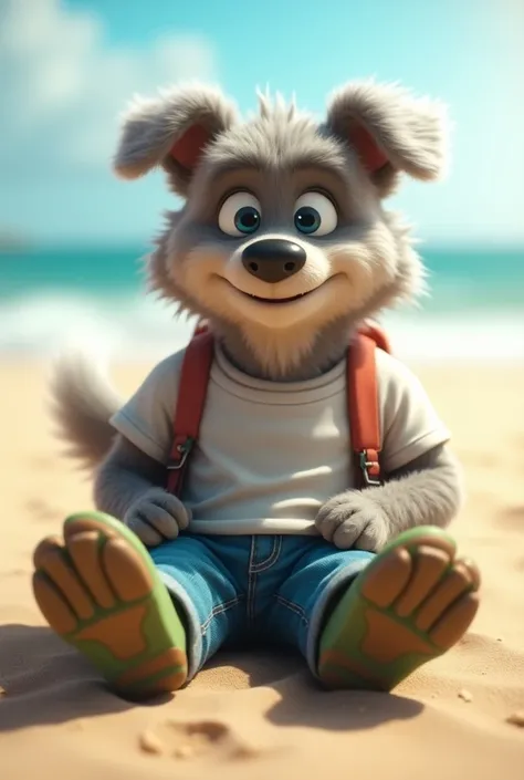 Larry (Zveropolis ), Lobo,  gray hair, (brown body:1.3), beautiful blue eyes, Zveropolis , dress,t-shirt,jeans,green sandals heels with a focus on feet for dogs, Lobo, detailed fur, eyes,  anthropomorphic , almofadas das paws,  finger claws, holding a back...