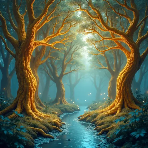 An ethereal forest where the trees are sculpted from flowing liquid gold, and each branch emits a soft golden light. The ground is carpeted with shimmering blue leaves, and small, glowing fairies flit through the air like fireflies.