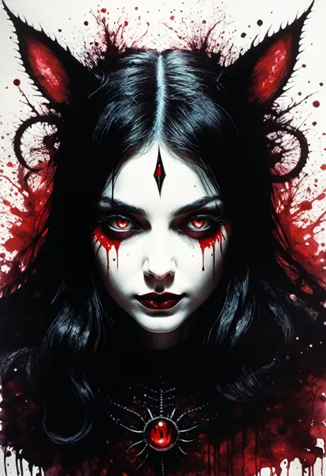 cheshire de alice: madness returns, trippy, psychotic, ominously tempered, violent ant homicidal, dark art, watercolor and sharp...