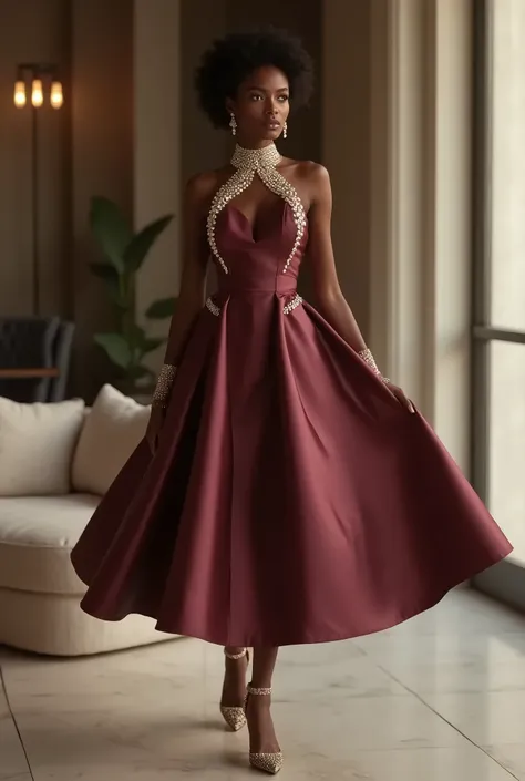 
"A fashionable dark-skinned woman in her mid-20s, walking gracefully in a luxurious, stylish interior with warm lighting. She wears an elegant, soft champagne or purple and maroon satin dress with a fitted dress adorned with pearl embellishments on the  h...