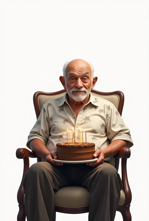 A old bald man name jerome on her white printed shirt hold her birthday cake while sitting in a chair drawing outline
