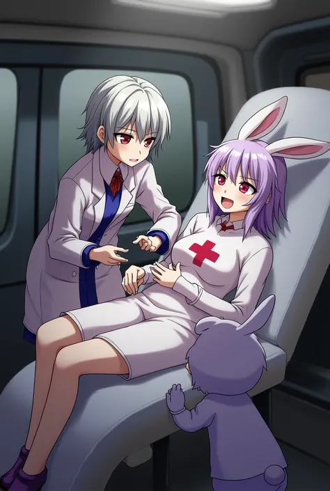 Eirin touhou transporting reisen udonge in a ambulance and tewi is Laughing 