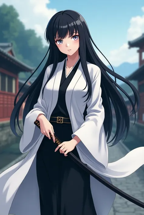 A bleach screencap of a female with long black hair and cute bangs, and blue pastel eyes, her skin tone is a little white and her figure is a little slim and small, shes wearing the soul reaper uniform from bleach, holding a katana, shes at the soul societ...