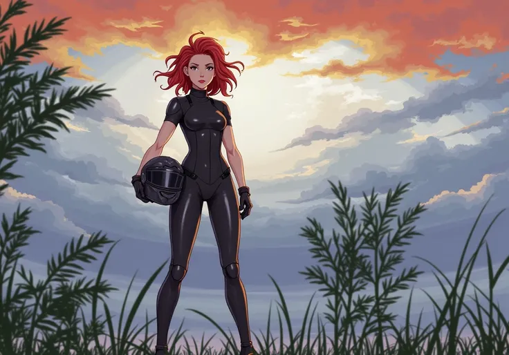 young woman, motorcycle helmet holds a tight-fitting black suit,держит шлем от мотоцыкла,red curls,cloudy sky,field