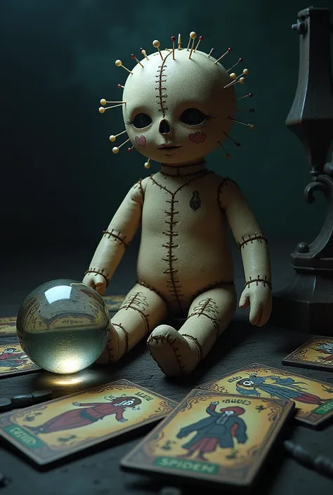 Voo doo doll,  tarot cards and a crystal ball  