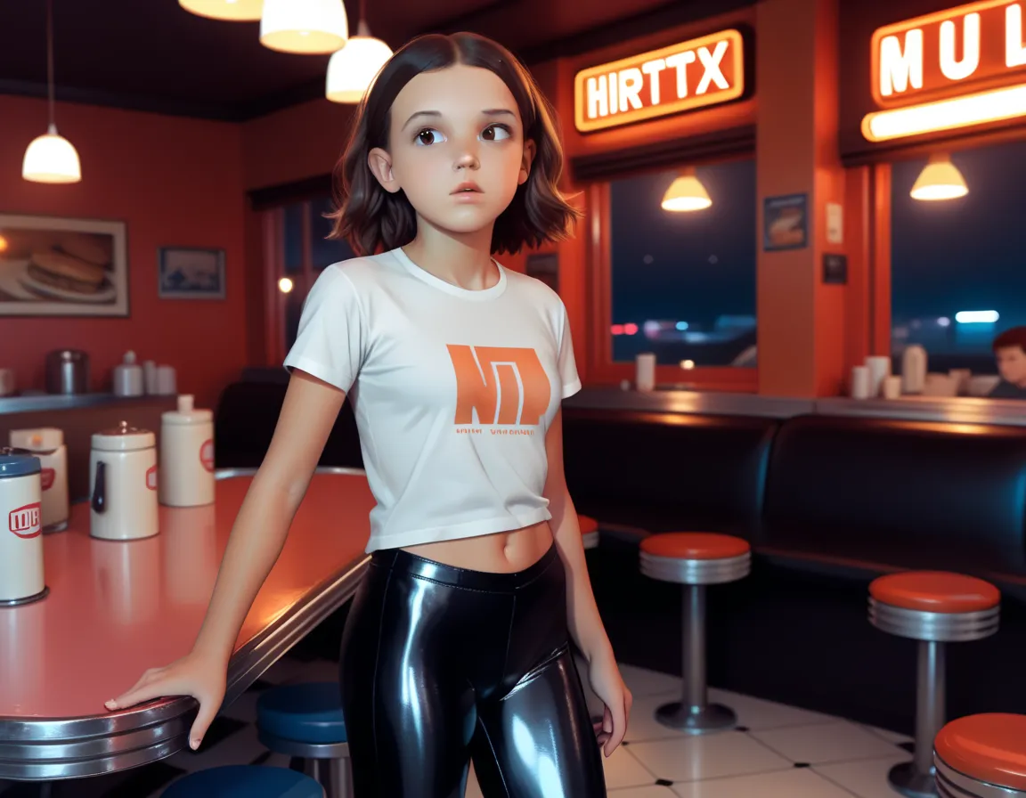 millie bobby brown, , revealing tight plain cotton t-shirt and tight shiny leggings, trainers, standing in a diner at night, (dy...