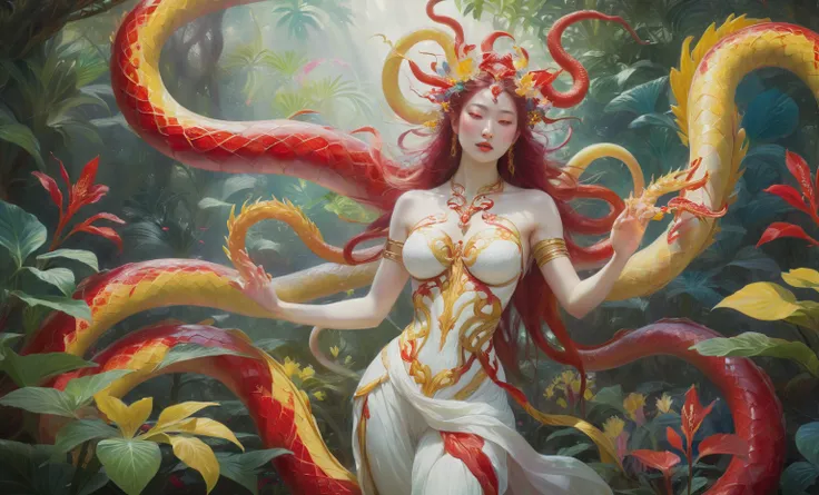  An impressive and detailed image of a woman of ethereal beauty being surrounded by a red serpent with white and yellow markings,  in a mystical pose full of expression .  The serpent has unique characteristics , What adds a touch of surrealism to the scen...