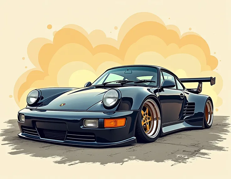  white Porsche 911 1994 ,  rear body , wide body, sketch, 
cartoon, comic strip,  Chip Foose car representation,  chrome wheels , bagged ,  crashed to the ground , 