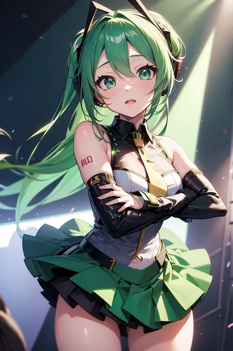 Vocaloid, k pop star, adorable beautiful woman, long vocaloid ears, pleated skirt, pop star dancing, on stage, green hair, pov, eye contact