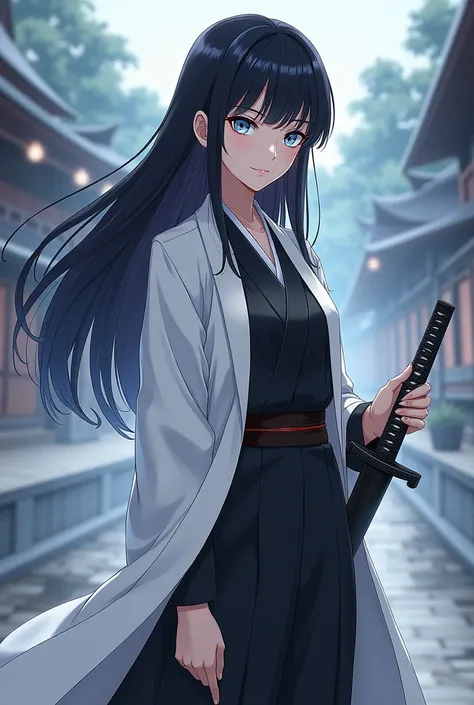 A bleach screencap of a female with long black hair and cute bangs, and blue pastel eyes, her skin tone is a little white and her figure is a little slim and small, shes wearing the soul reaper uniform from bleach, holding a katana, shes at the soul societ...